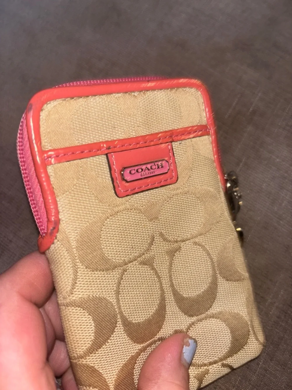 Coach Beige Signature Canvas Wristlet with Coral Trim